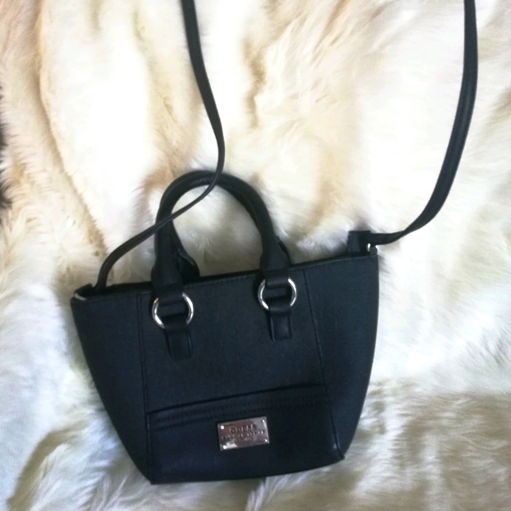 Guess Black Crossbody Mini Tote with Silver Hardware